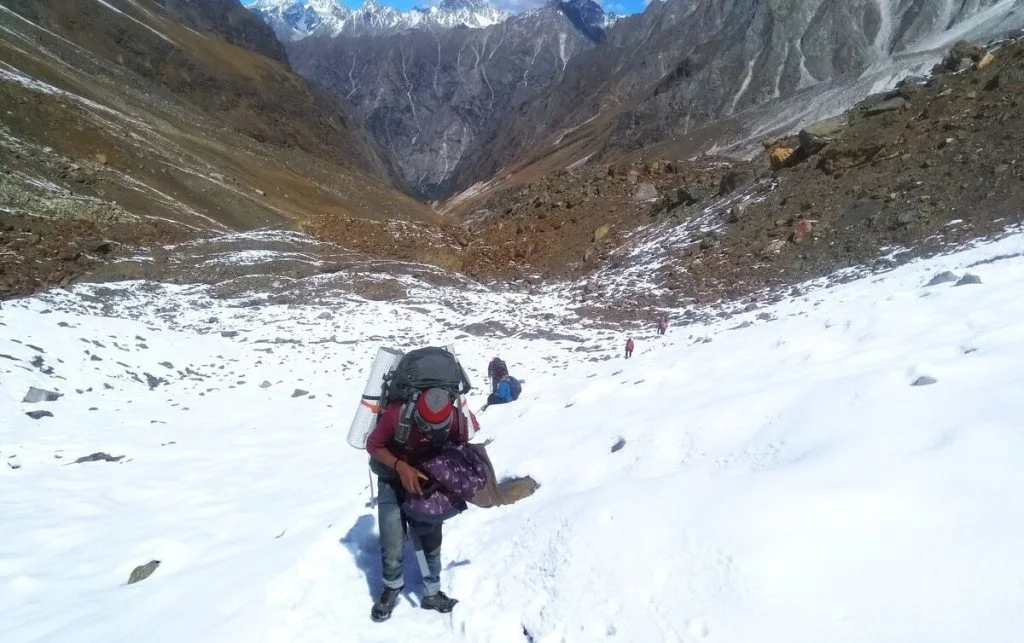 Trekker trekking over snow mountains at Kedartal Trek